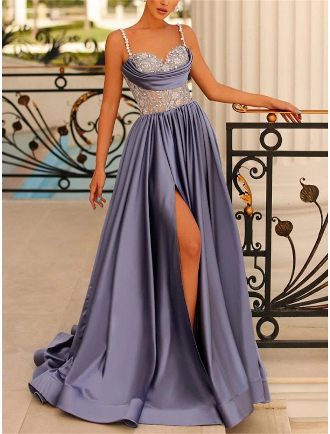 Abito da sera a trapezio, senza schienale, per invitati a nozze formali, con strascico a ruota, senza maniche, con spalline sottili, in raso, senza schienale, con spacco in paillettes arricciate 2025